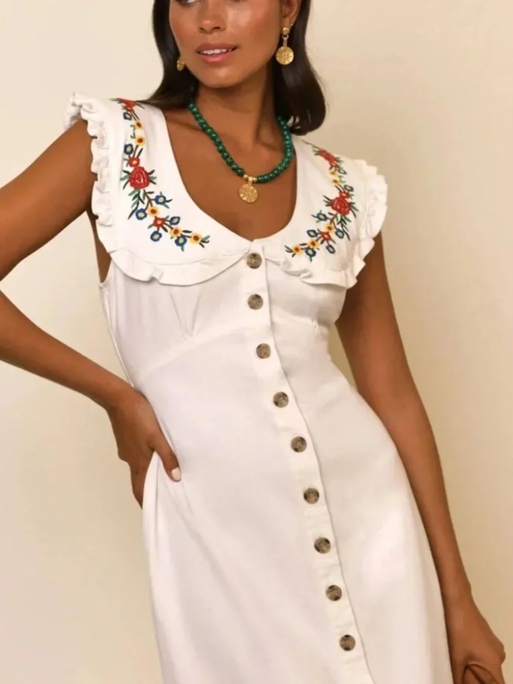 RIXO Nova Dress Midi Floral Embroidered Spread Collar Ecru Button front M - Picture 9 of 14